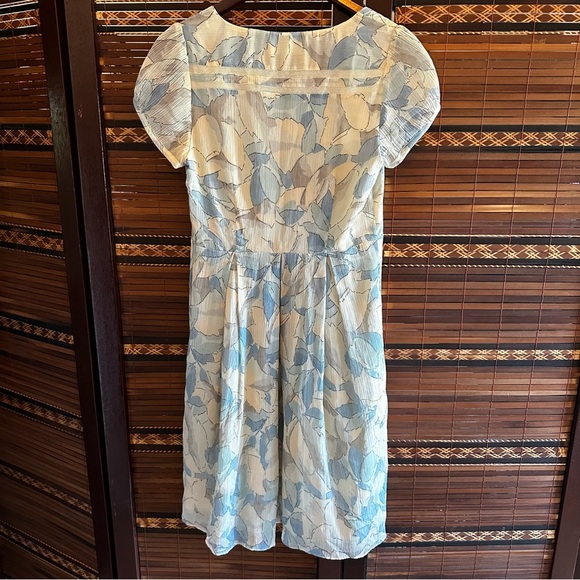 Anthropologie Moulinette Soeurs Pale Blue Ethereal Silk Cotton Leaf Print Dress - Picture 2 of 7